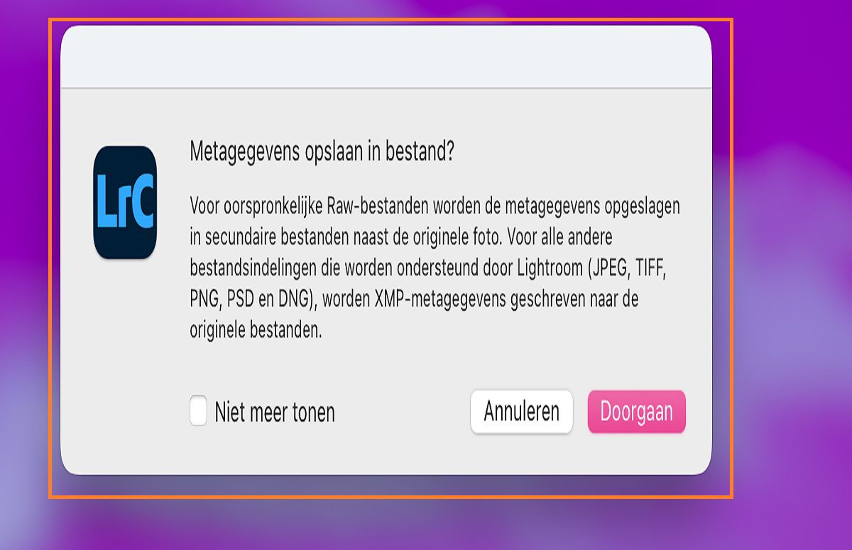 dialoogvenster metadata opslaan in Lightroom Classic