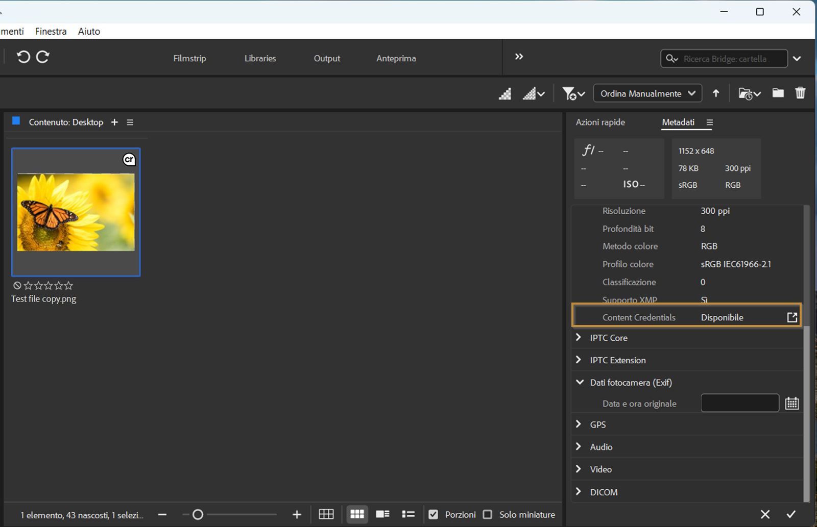 In Bridge viene aperto il pannello Contenuto, che visualizza la risorsa abilitata con i content credential. Sul lato destro dello schermo viene visualizzato il pannello Metadati, che evidenzia lo stato dei content credential.