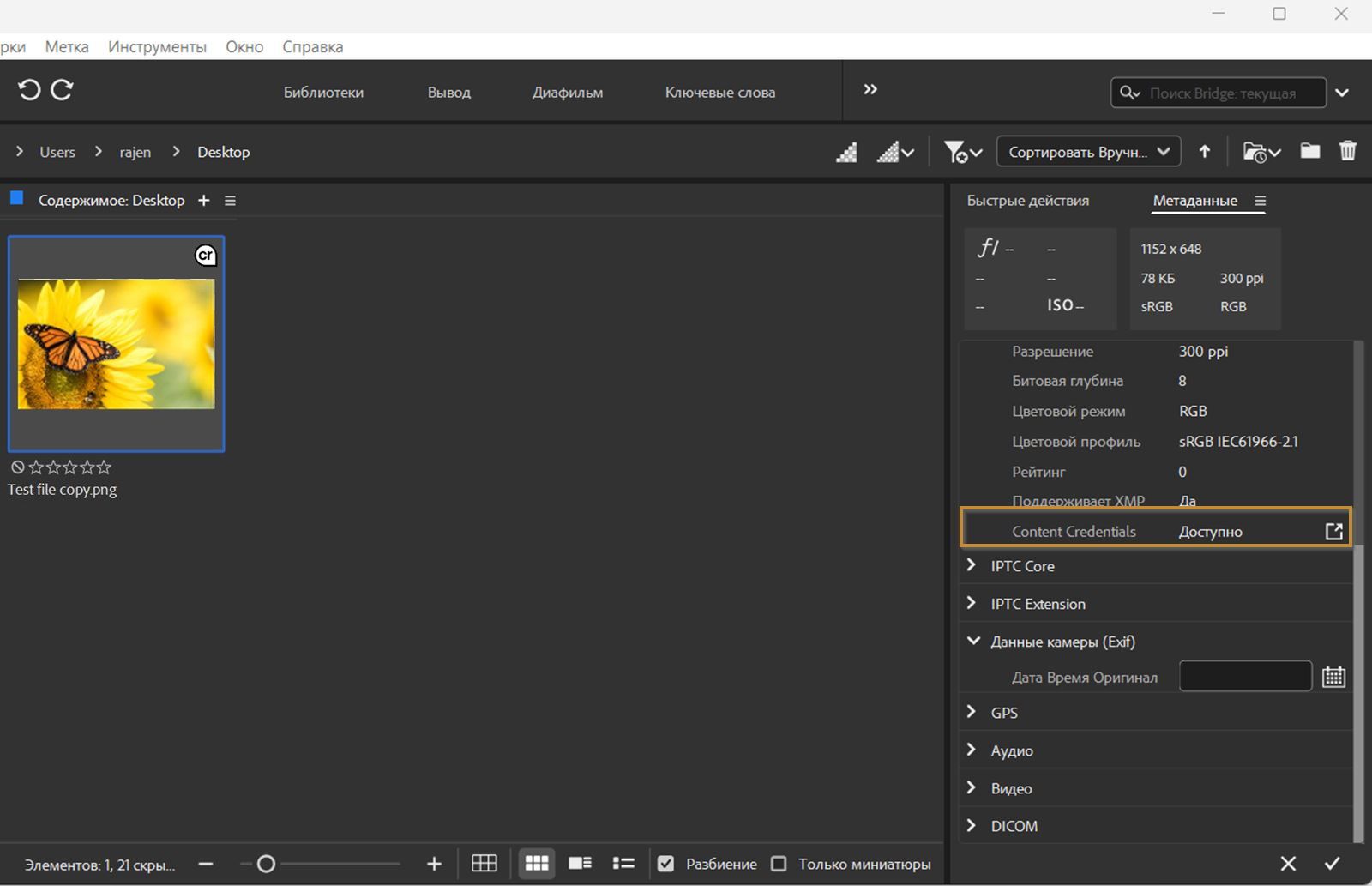 Открытая панель «Содержимое» в Bridge, в которой отображается ресурс с включенными Content Credentials. В правой части экрана отображается панель «Метаданные», где отображается состояние Content Credentials.