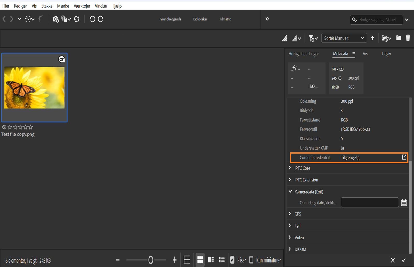 Panelet Indhold åbnes i Bridge, hvor det aktiv, der er aktiveret med Content Credentials, vises. Metadatapanelet vises i højre side af skærmen, hvor status for Content Credentials fremhæves.