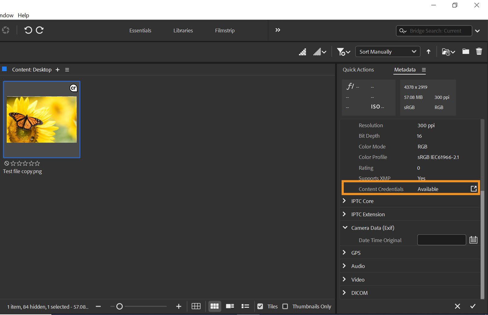 Content panel is opened in Bridge displaying the asset enabled with Content Credentials. Metadata panel is displayed on right side of the screen highlighting the Content Credentials status.