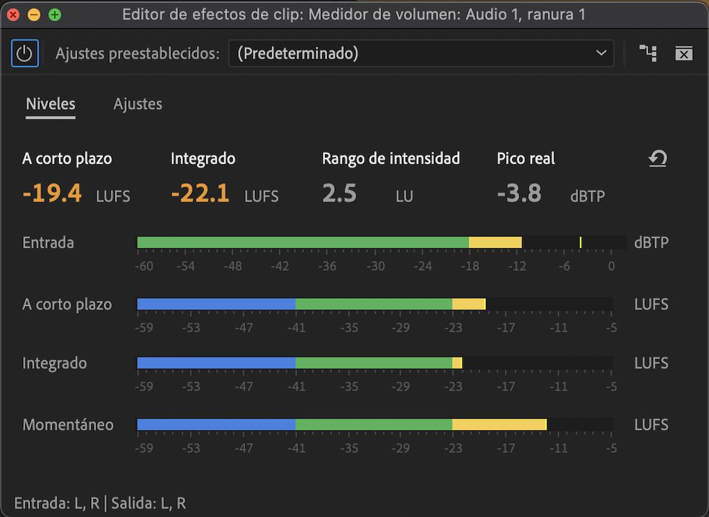 Pantalla del Medidor de volumen en Premiere Pro
