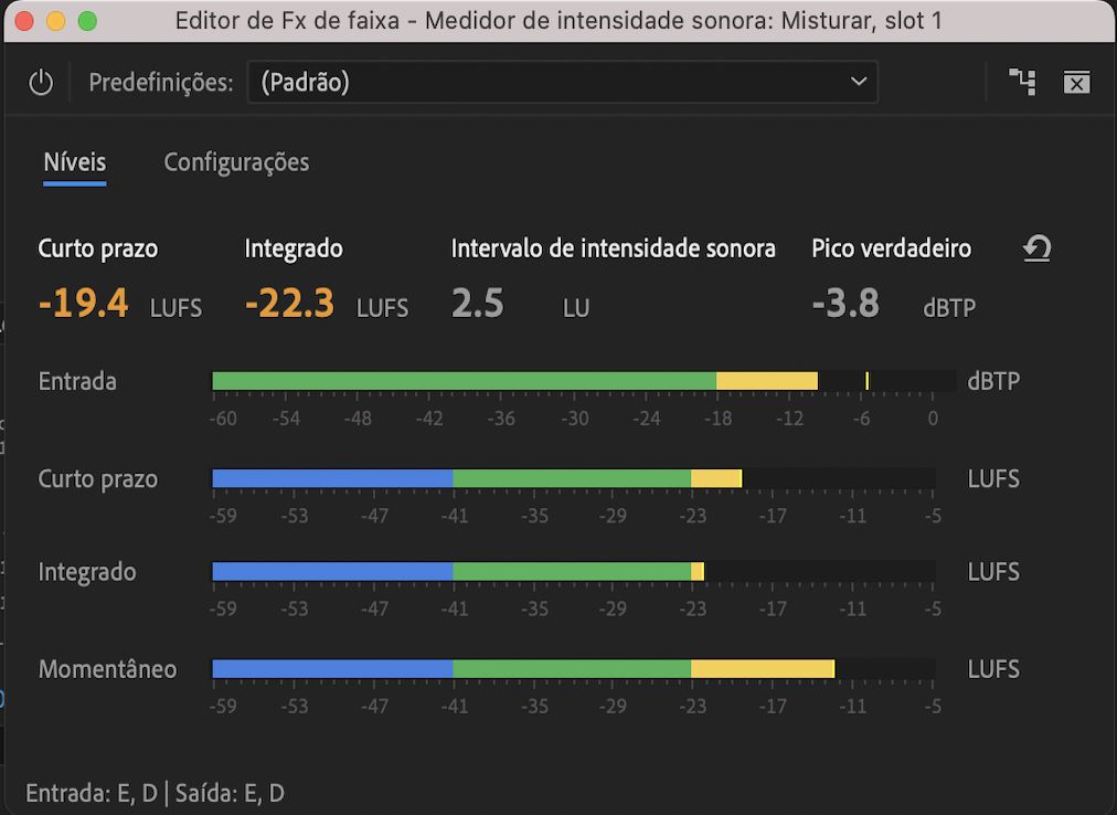 Exibição do medidor de volume no Premiere Pro