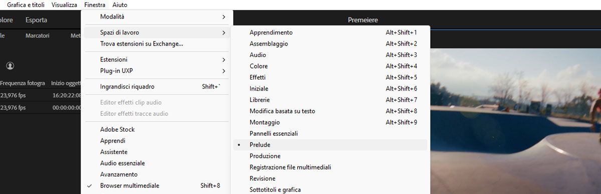 Menu Finestra > Spazi di lavoro con lo spazio di lavoro Prelude selezionato tra Assembly, Audio, Editing e altre opzioni.