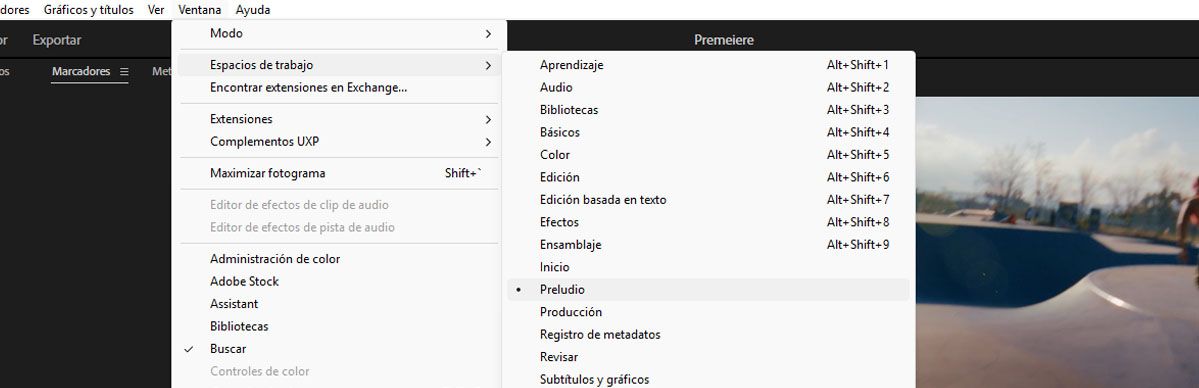 Menú Ventana > Espacios de trabajo con el espacio de trabajo de Prelude seleccionado entre Ensamblaje, Audio, Edición y otras opciones.