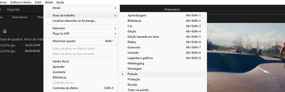 Menu Window > Workspaces com workspace Prelude selecionado entre Assembly, Audio, Editing e outras opções.