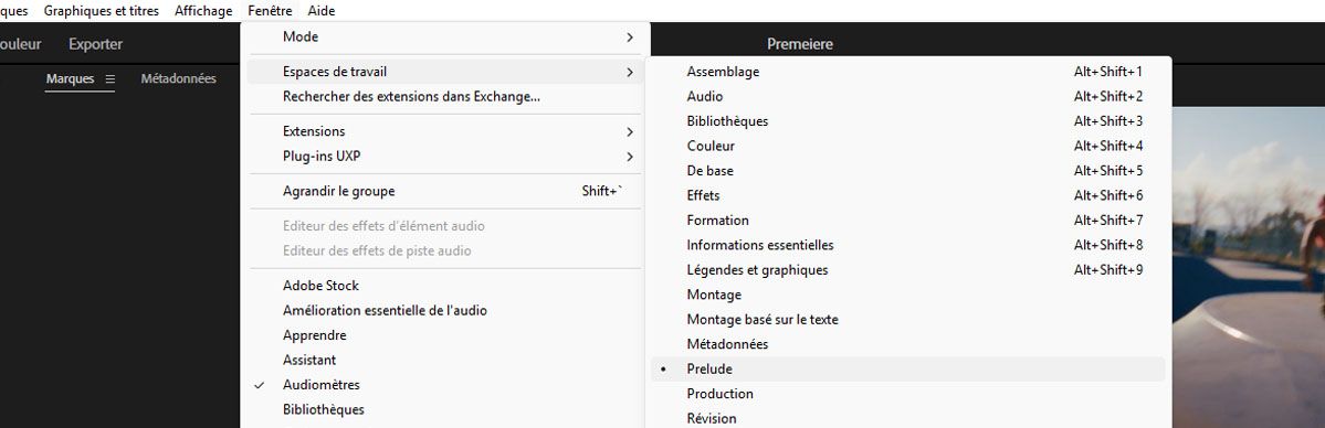 Menu Fenêtre > Espaces de travail avec l’espace de travail Prelude sélectionné parmi Assemblage, Audio, Édition et d'autres options.