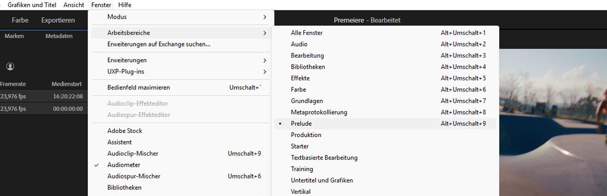Menü „Fenster“ > „Arbeitsbereiche“ mit ausgewähltem Prelude-Arbeitsbereich zwischen Zusammenstellung, Audio, Bearbeitung und anderen Optionen.