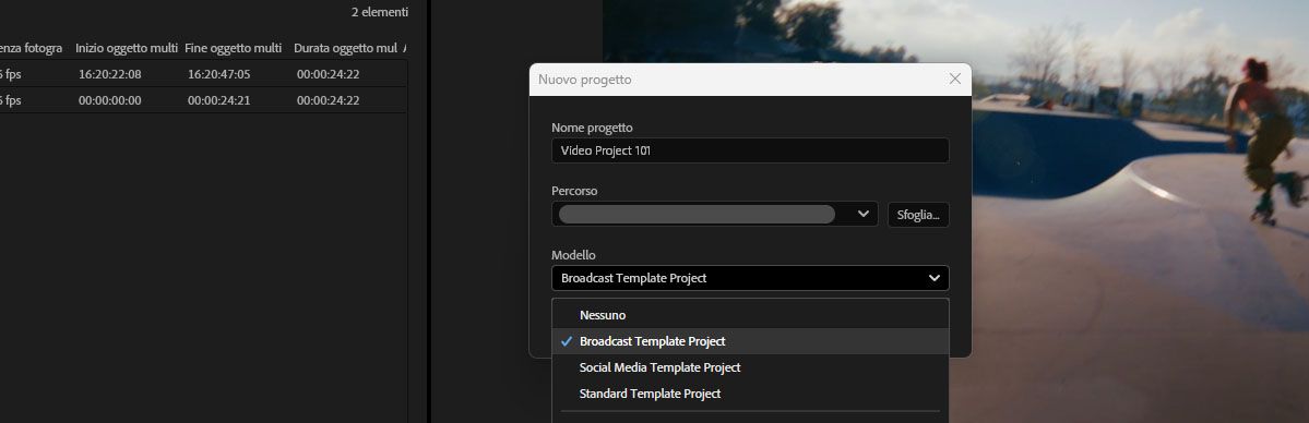 Finestra di dialogo Nuovo progetto con il menu a discesa Modello aperto, Broadcast Template Project selezionato tra Nessuno, Social Media e opzioni Standard.