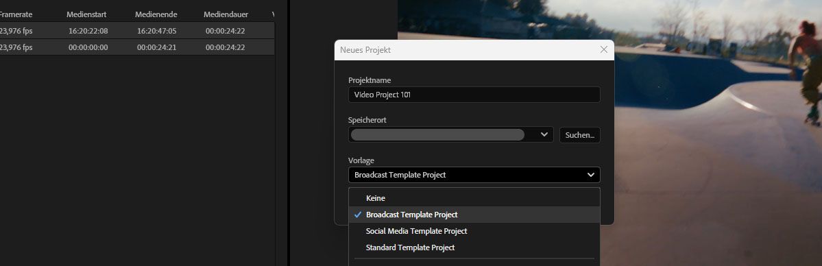 „Neues Projekt“-Dialog mit geöffnetem Vorlage-Dropdown, „Broadcast Template Project“ ausgewählt zwischen Optionen „Keine“, „Social Media“ und „Standard“.