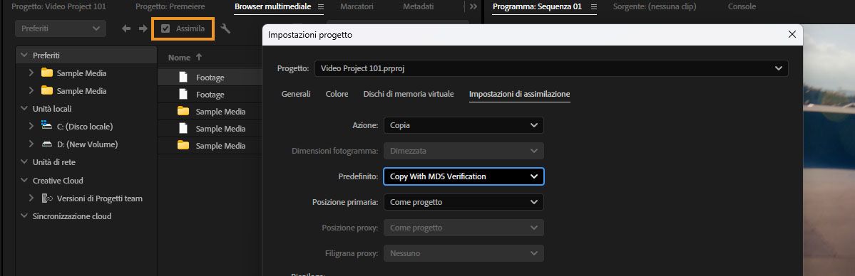 Browser multimediale con acquisizione attivata e Impostazioni progetto che mostrano le Impostazioni acquisizione con Azione impostata su Copia e la preimpostazione Copia con verifica MD5.