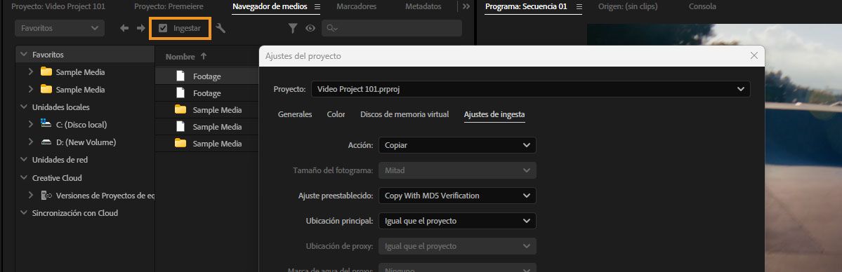 Media Browser con Ingest activado y Configuración del proyecto mostrando Configuración de ingesta con Action configurado en Copy y el ajuste preestablecido Copy With MD5 Verification.
