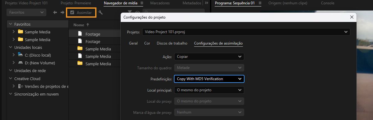 Media Browser com Ingest habilitado e Project Settings mostrando Ingest Settings com Action definido como Copy e Copy With MD5 Verification predefinido.