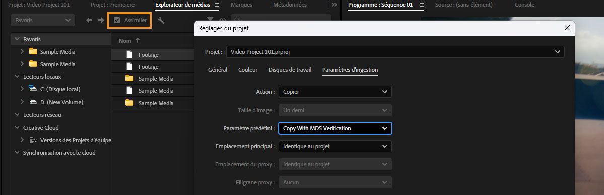Explorateur de médias avec Assimilation activée, et Paramètres de projet affichant Paramètres d’assimilation avec Action définie sur Copier et le préréglage Copier avec la vérification MD5.