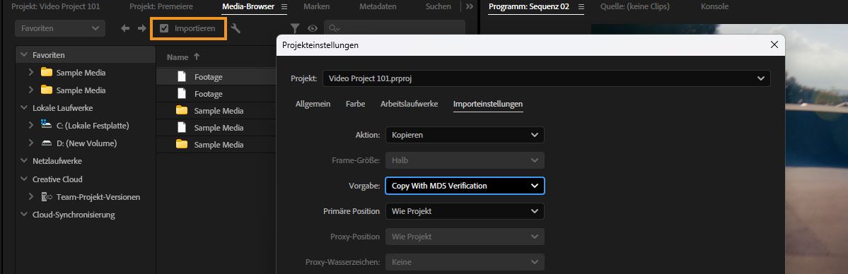 Media Browser mit aktiviertem Importieren und Projekteinstellungen mit Importeinstellungen, wobei Aktion auf Kopieren und Vorgabe auf Kopieren mit MD5-Verifizierung gesetzt ist.