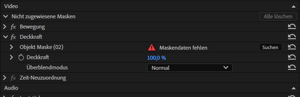 Effekteinstellungen-Bedienfeld zeigt eine Objektmaske mit der Markierung „Maskendaten fehlen“ und der Schaltfläche „Suchen“.