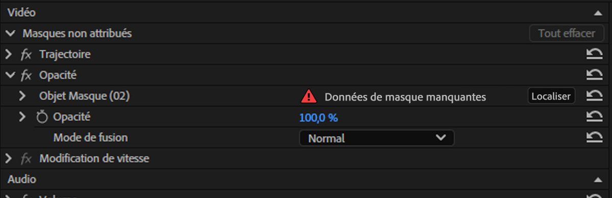 Panneau Contrôles d'effets affichant un masque d'objet marqué Données de masque manquantes avec un bouton Localiser.