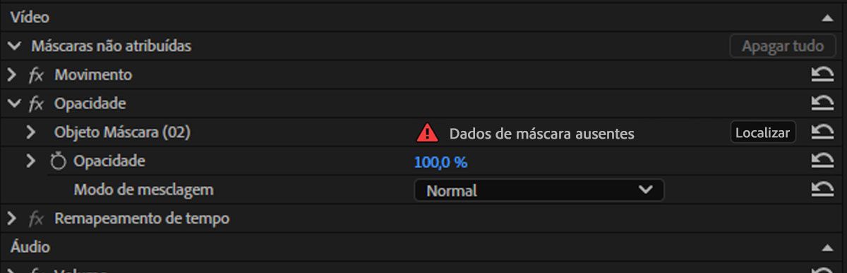Painel Controles de efeitos mostrando uma máscara de objeto marcada como Dados de máscara ausentes com um botão Localizar.