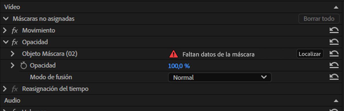 panel Controles de efectos que muestra una máscara de objeto marcada como Faltan datos de máscara con un botón Localizar.