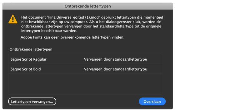 Dialoogvenster Ontbrekende lettertypen