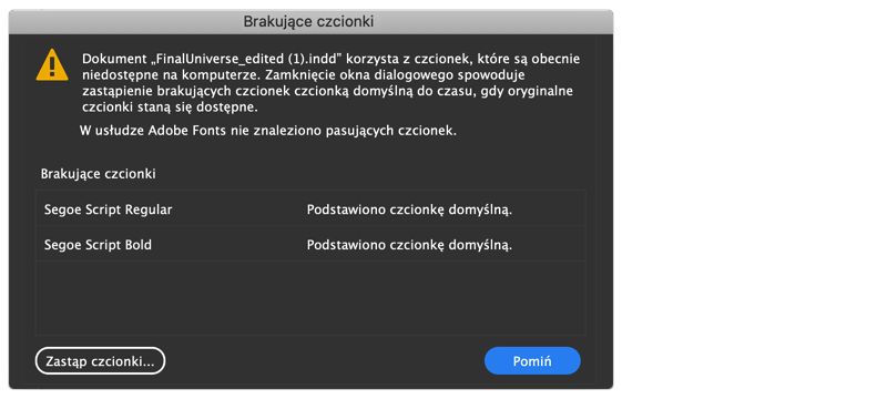 okno dialogowe Brakujące czcionki