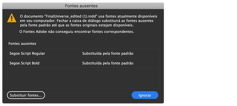 caixa de diálogo de fontes ausentes