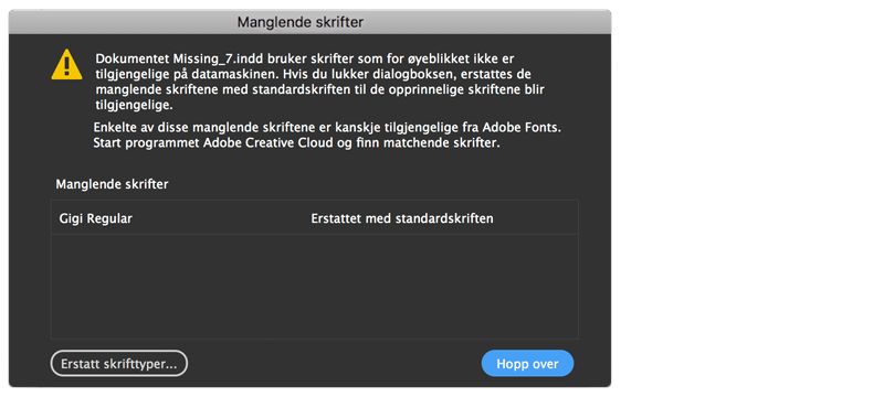 dialogboksen manglende skrifter