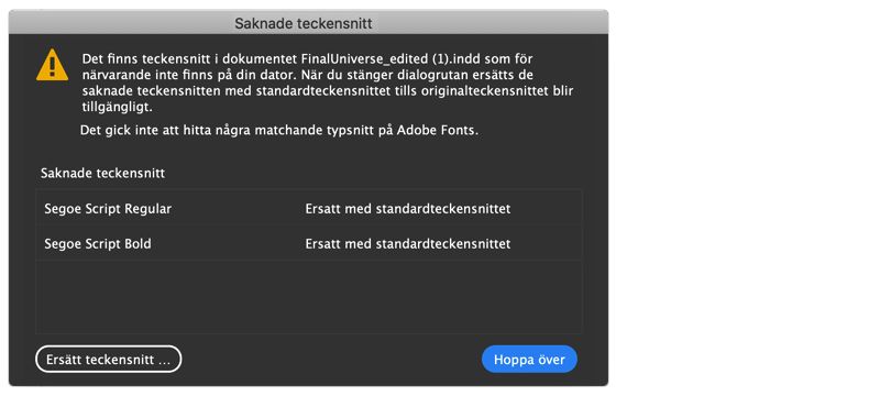 dialogrutan Saknade teckensnitt