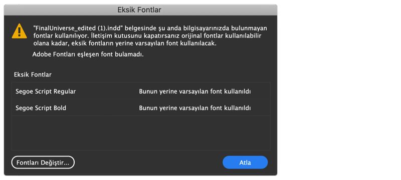 eksik fontlar iletişim kutusu
