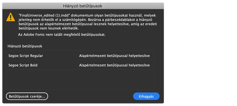 hiányzó betűtípusok párbeszédablak