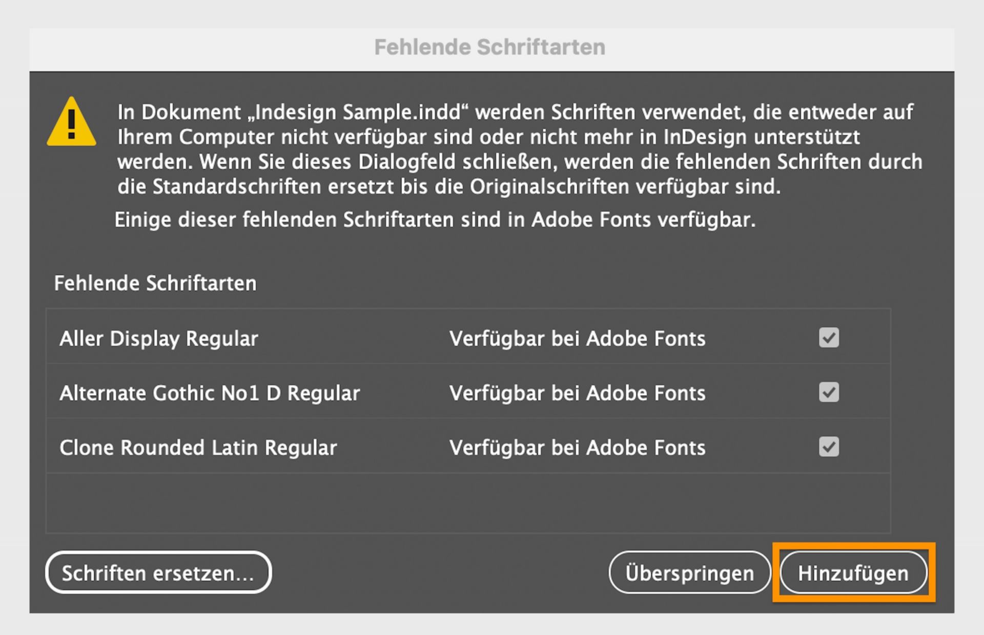 Adobe InDesign-Dialogfeld „Fehlende Schriftarten" zeigt eine Warnung an, dass das Dokument Schriftarten verwendet, die derzeit auf dem Computer nicht verfügbar sind.