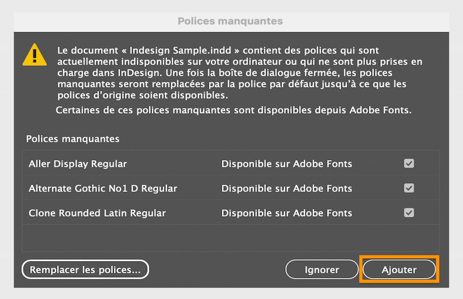 Boîte de dialogue Polices manquantes d’Adobe Indesign affichant un avertissement indiquant que le document utilise des polices actuellement non disponibles sur l’ordinateur. 