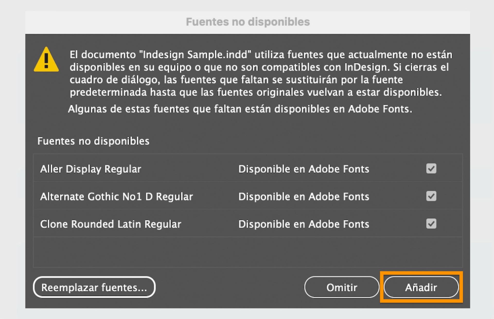 Cuadro de diálogo Fuentes que faltan de adobe indesign que muestra una advertencia de que el documento utiliza fuentes que actualmente no están disponibles en el ordenador. 