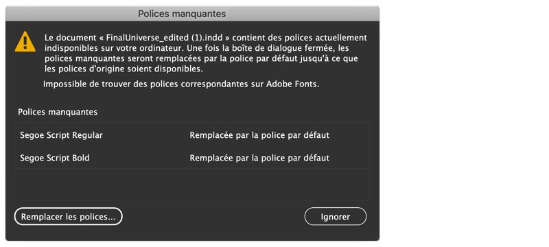boîte de dialogue des polices manquantes