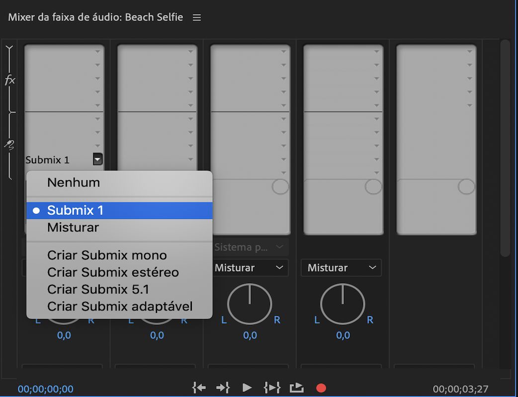 A seção do mixer da faixa de áudio aberta com opções para criar e enviar um novo submix. 