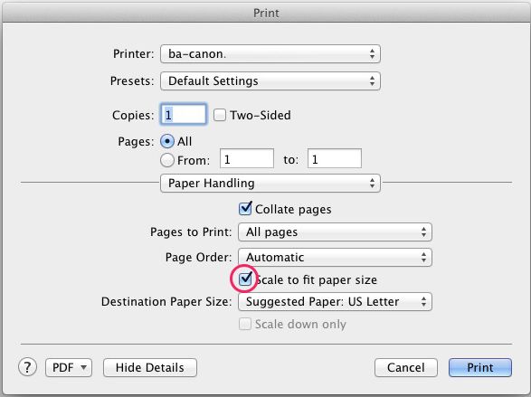 Selecione a opção Dimensionar para ajustar ao tamanho do papel