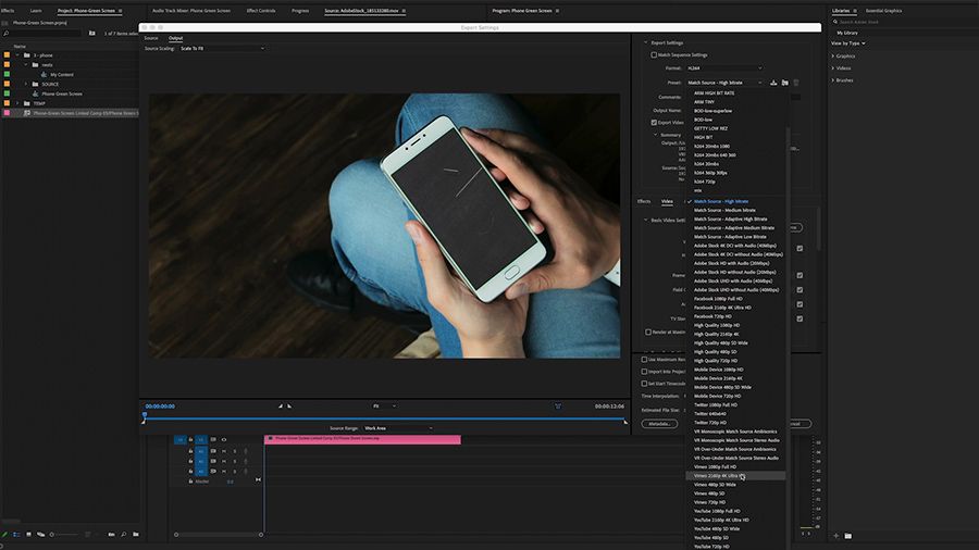 Adobe Premiere Proデスクトップのスクリーンショット、編集者が書き出しダイアログボックスの「H.264」設定で、1080p HD Vimeoプリセットを選択している