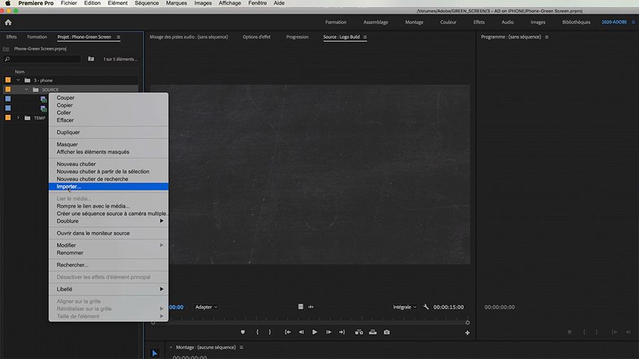 Dans une capture d'écran du panneau Projet d'Adobe Premiere Pro sur ordinateur, sélection de l'option Importer dans le menu contextuel