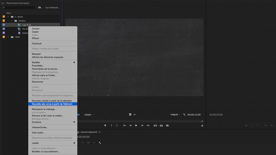 Dans une capture d'écran du panneau Projet d'Adobe Premiere Pro sur ordinateur, sélection de l'option Nouvelle séquence à partir de l'élément dans le menu contextuel