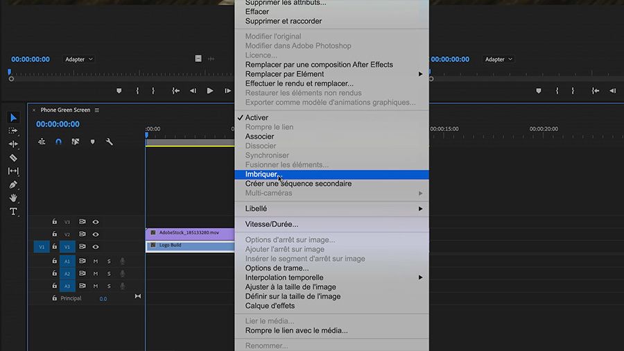 Dans une capture d'écran de la fenêtre de montage d'Adobe Premiere Pro sur ordinateur, sélection de la séquence V1 nommée Logo Build et de l'option Imbriquer du menu contextuel via Ctrl + clic