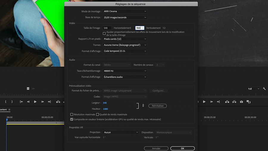 Dans une capture d'écran de la fenêtre Réglages de la séquence d'Adobe Premiere Pro sur ordinateur, paramètre Verticalement de l'option Taille de l'image défini sur 960