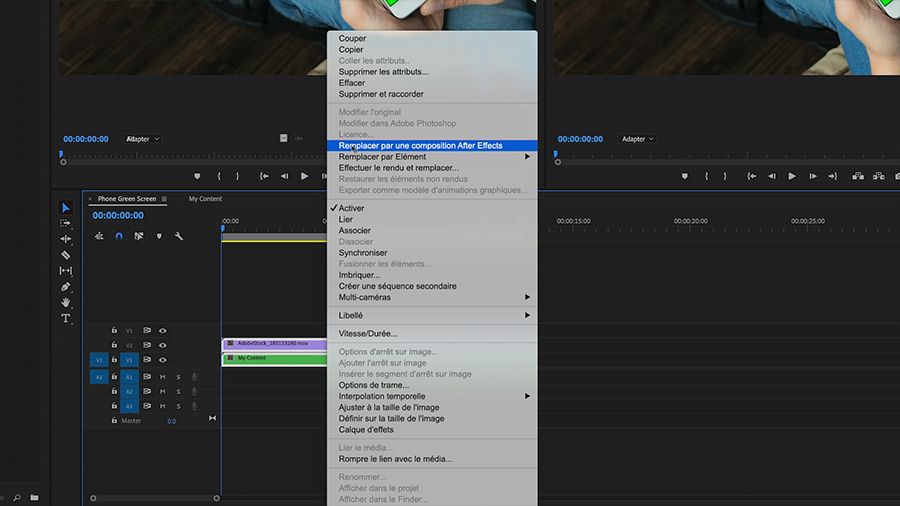 Dans une capture d'écran d'Adobe Premiere Pro sur ordinateur, sélection des deux séquences du montage et de l'option Remplacer par une composition After Effects du menu contextuel via Ctrl + clic