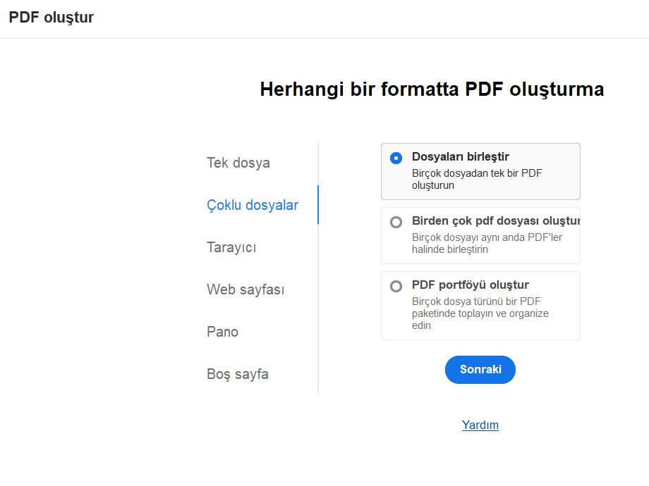 Yeni PDF oluştur görünümü