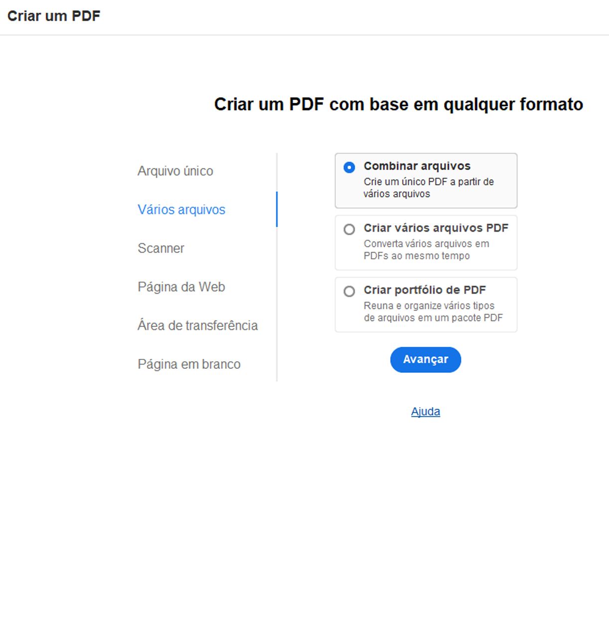 Exibição nova de Criar um PDF