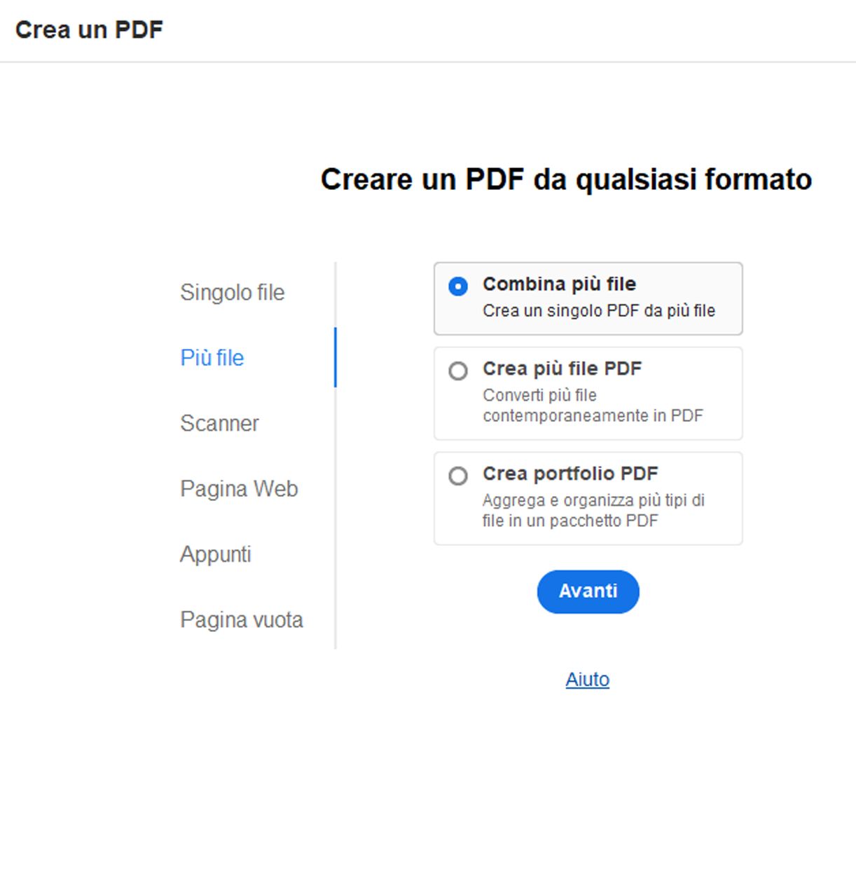 Nuova vista crea PDF