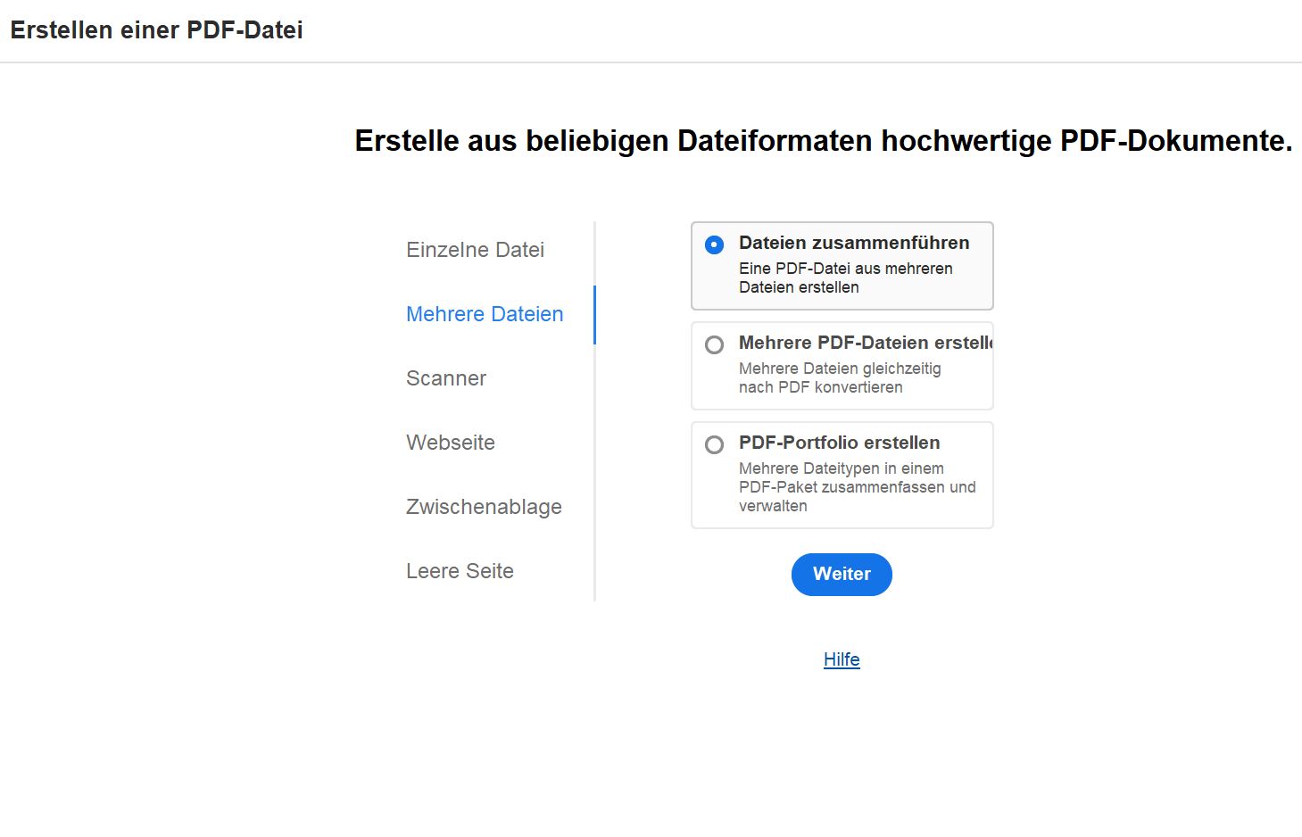 „PDF erstellen“, moderne Ansicht