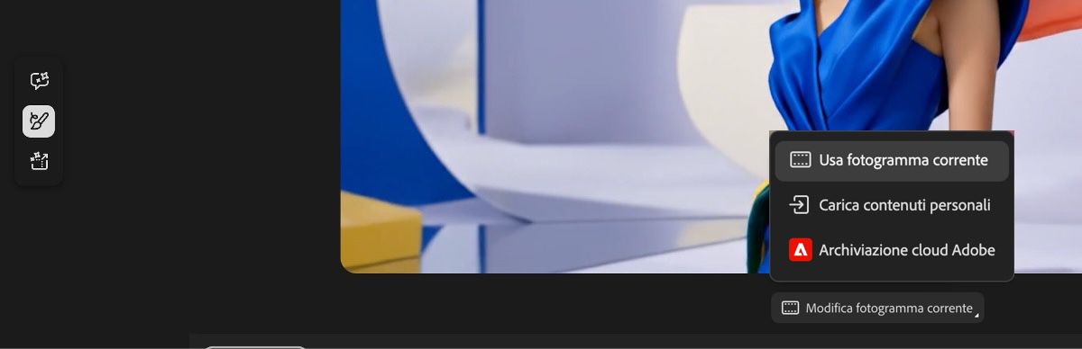 Il menu a discesa Modifica fotogramma in Genera video di Firefly mostra le opzioni per usare il fotogramma attuale, caricarne uno personale o accedere all'archiviazione cloud Adobe.