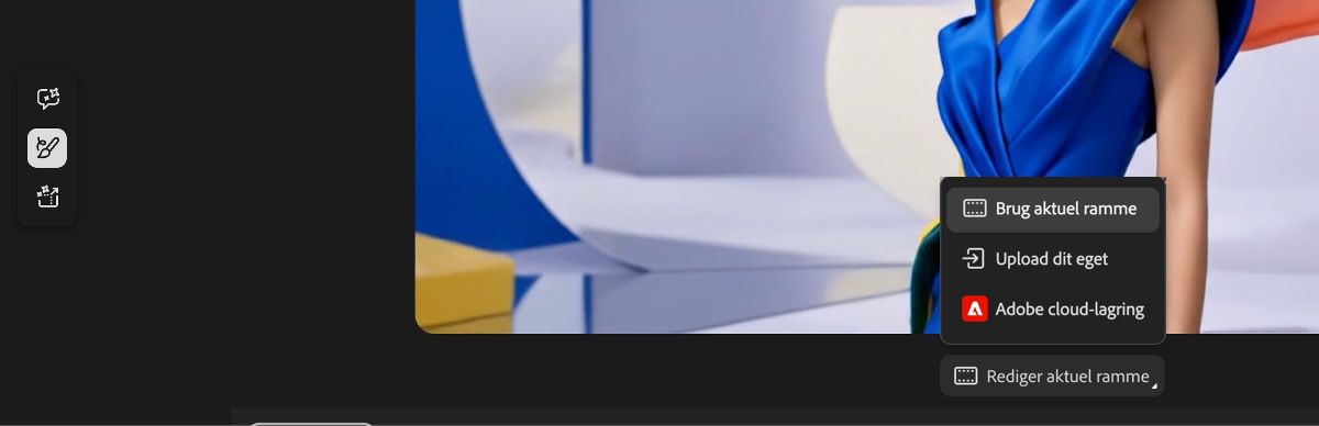 Rullemenuen Rediger ramme i Firefly Generér video viser indstillinger til at bruge nuværende ramme, uploade din egen eller få adgang til Adobe cloud-lagring.