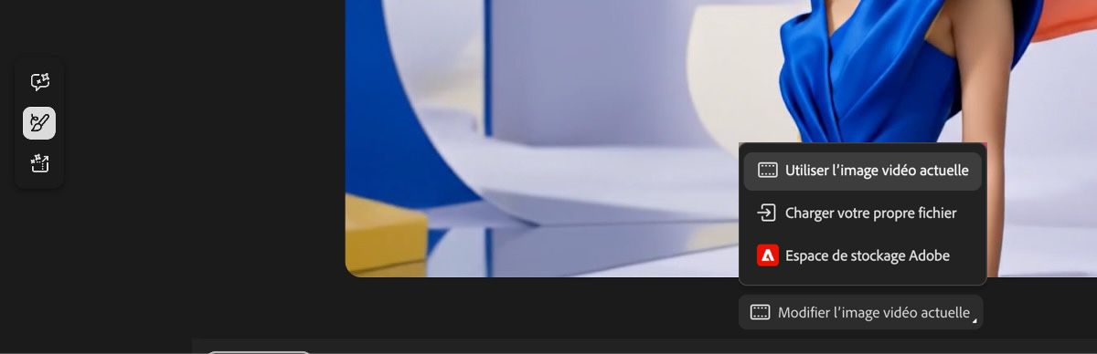  Menu déroulant Modifier des images vidéo dans l’option Générer une vidéo de Firefly, montrant les options pour Utiliser l’image vidéo actuelle, Charger votre propre fichier ou accéder à l’Espace de stockage Adobe.