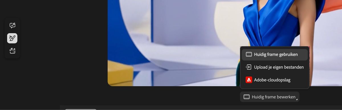 : Het dropdown-menu Frame bewerken in Firefly Video genereren, met opties om het huidige frame te gebruiken, je eigen frame te uploaden of toegang te krijgen tot Adobe-cloudopslag.